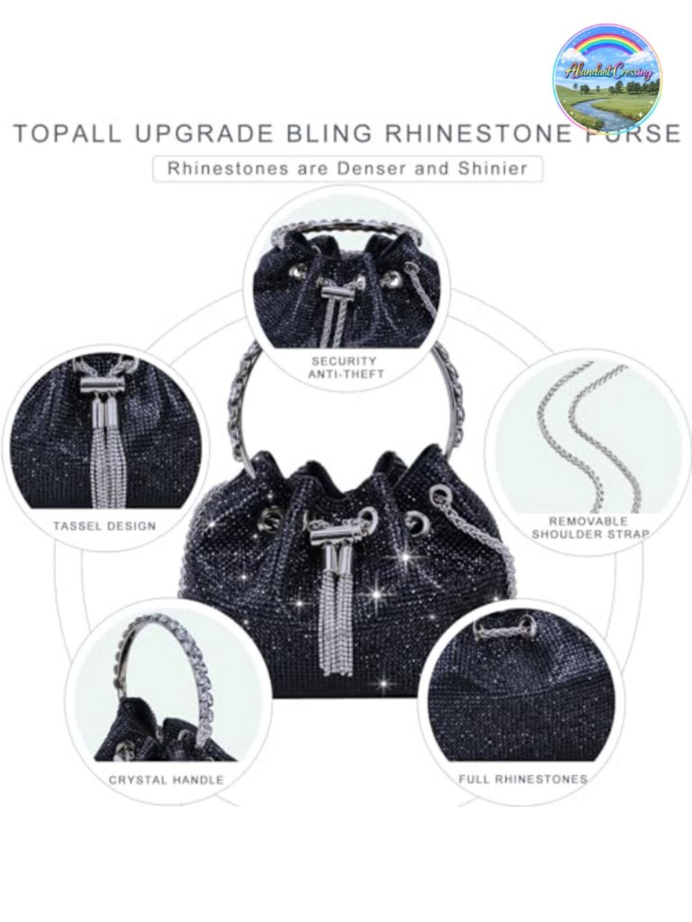 Rhinestone Evening Bag Sparkly Crystal Clutch Wristlet Crossbody Purse - Picture 3 of 6